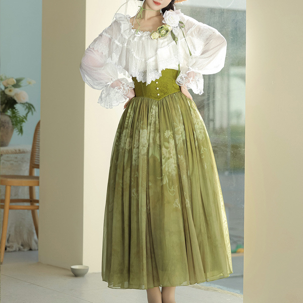 Lace Flower Shirt Skirt Set SE23693