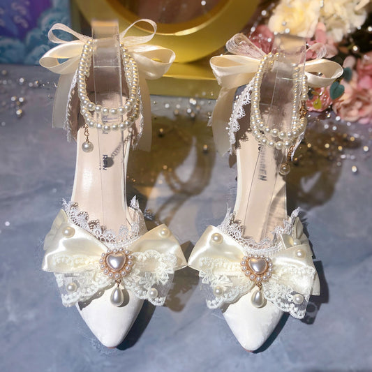 Lace Pearl Flower Bow Heels SE23370