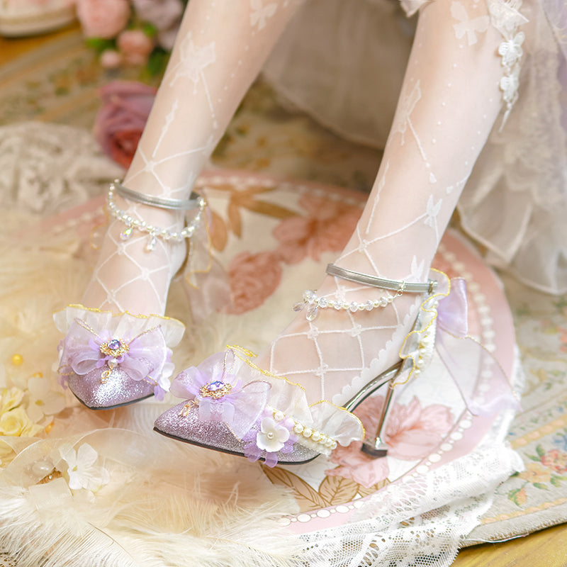 Lace Purple Flower Heels Shoes SE23735