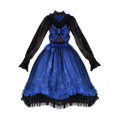 Lolita Blue Floral Lace Black Dress SE22896