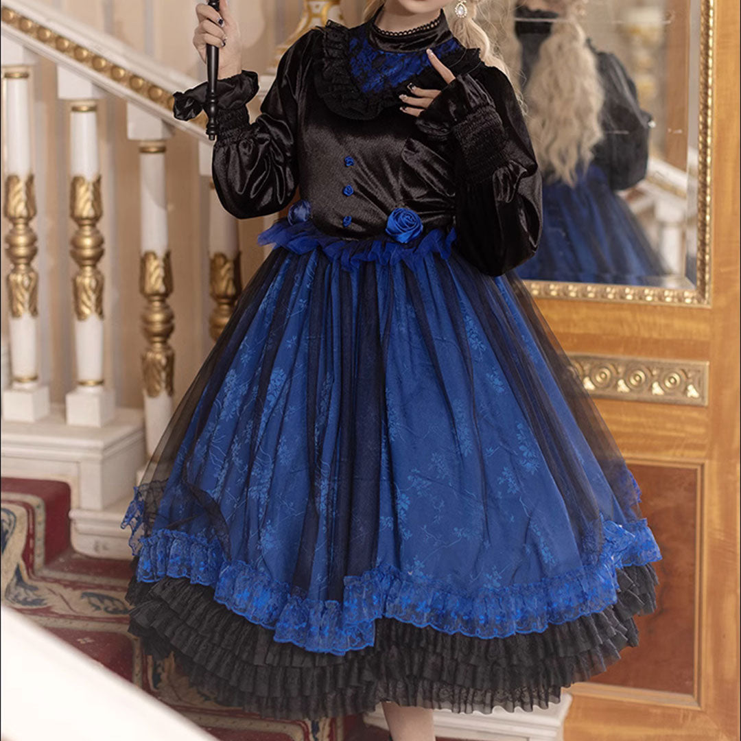 Lolita Blue Floral Lace Black Dress SE22896