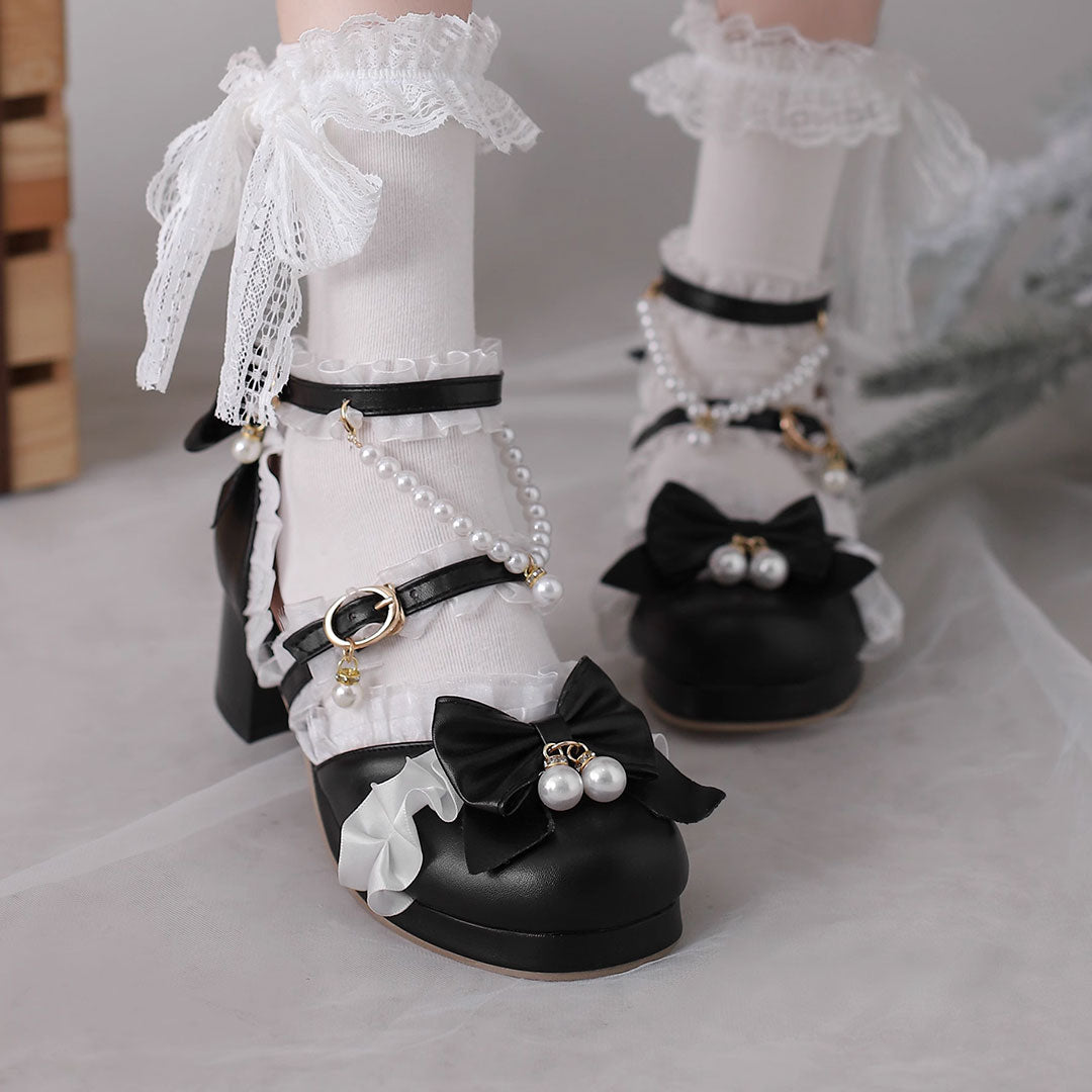Lolita Bow Beaded Lace Heels Shoes SE22865