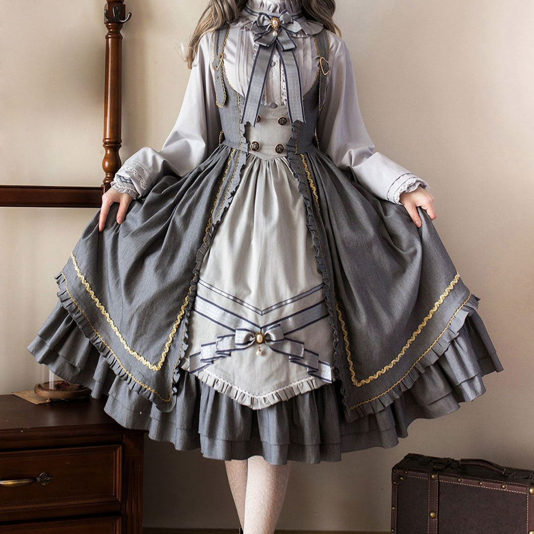 Lolita Bow Dress Gray Cape Kawaii Shirt Set SE22808