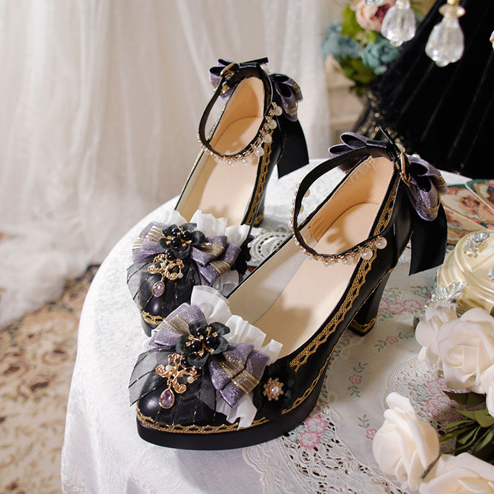 Harajuku Japanese Bow Lace Heart Strap Short Heels Shoes SD01997