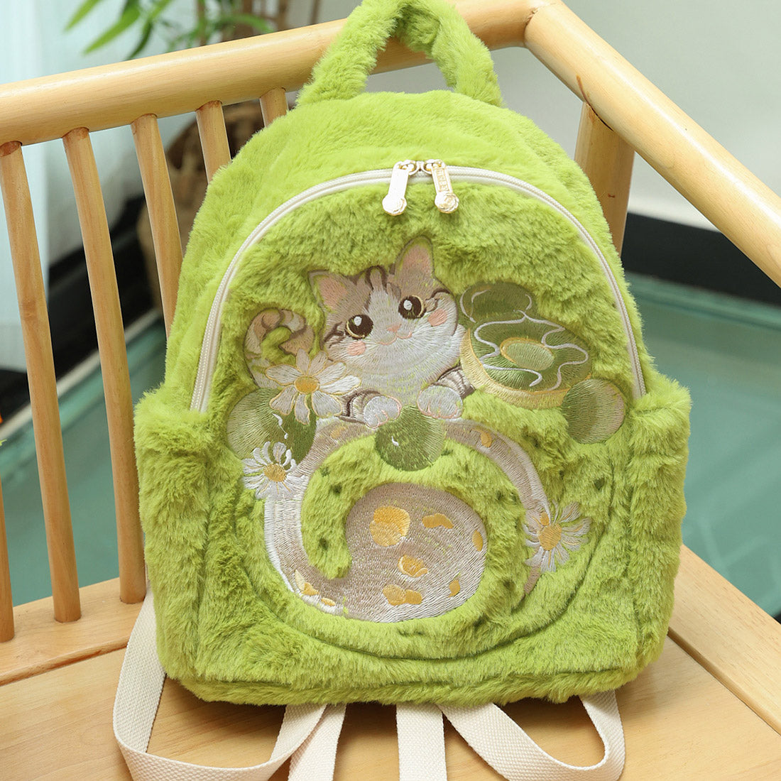 Green Embroidered Cat Backpack SE23785