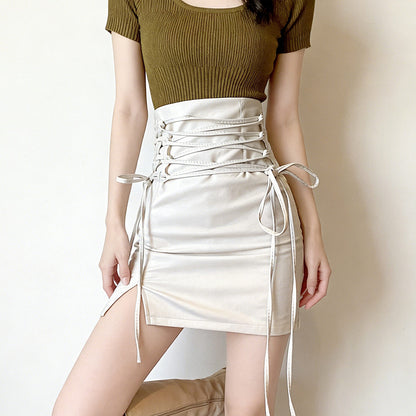 PU Leather High Waist Tie Back Skirt SE23924