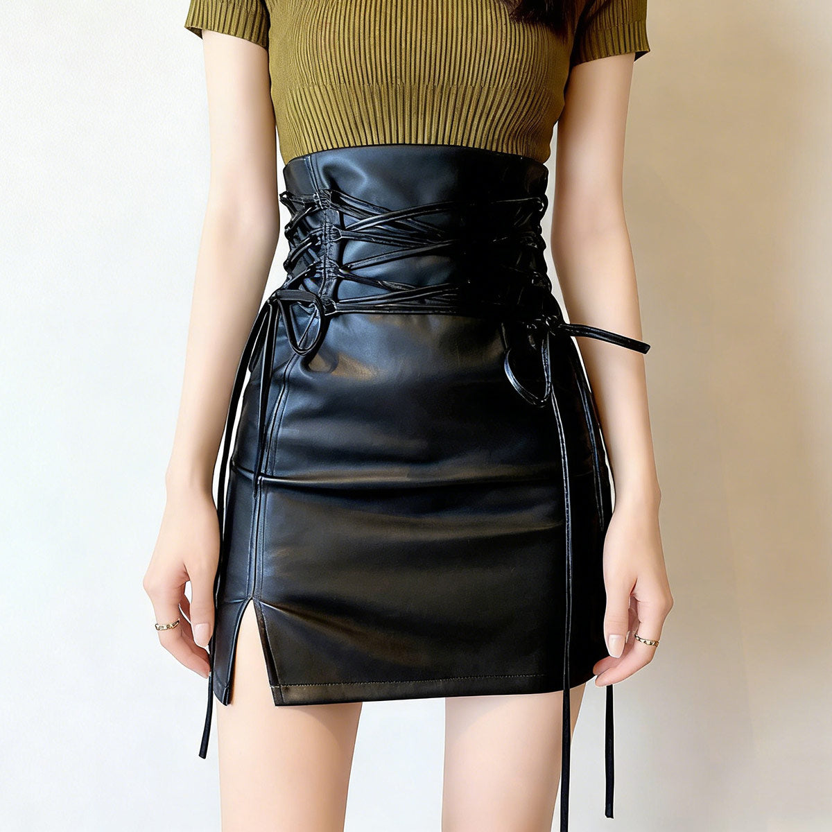 PU Leather High Waist Tie Back Skirt SE23924