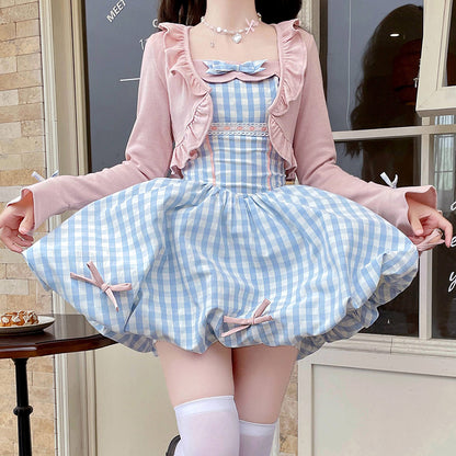 Pink Knitted Bow Plaid Dress Set SE23581