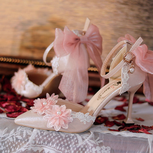 Pink Lace Flower Heel Shoes SE23384