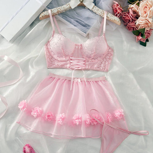 Pink Lace Flower Underwear Set SE23625