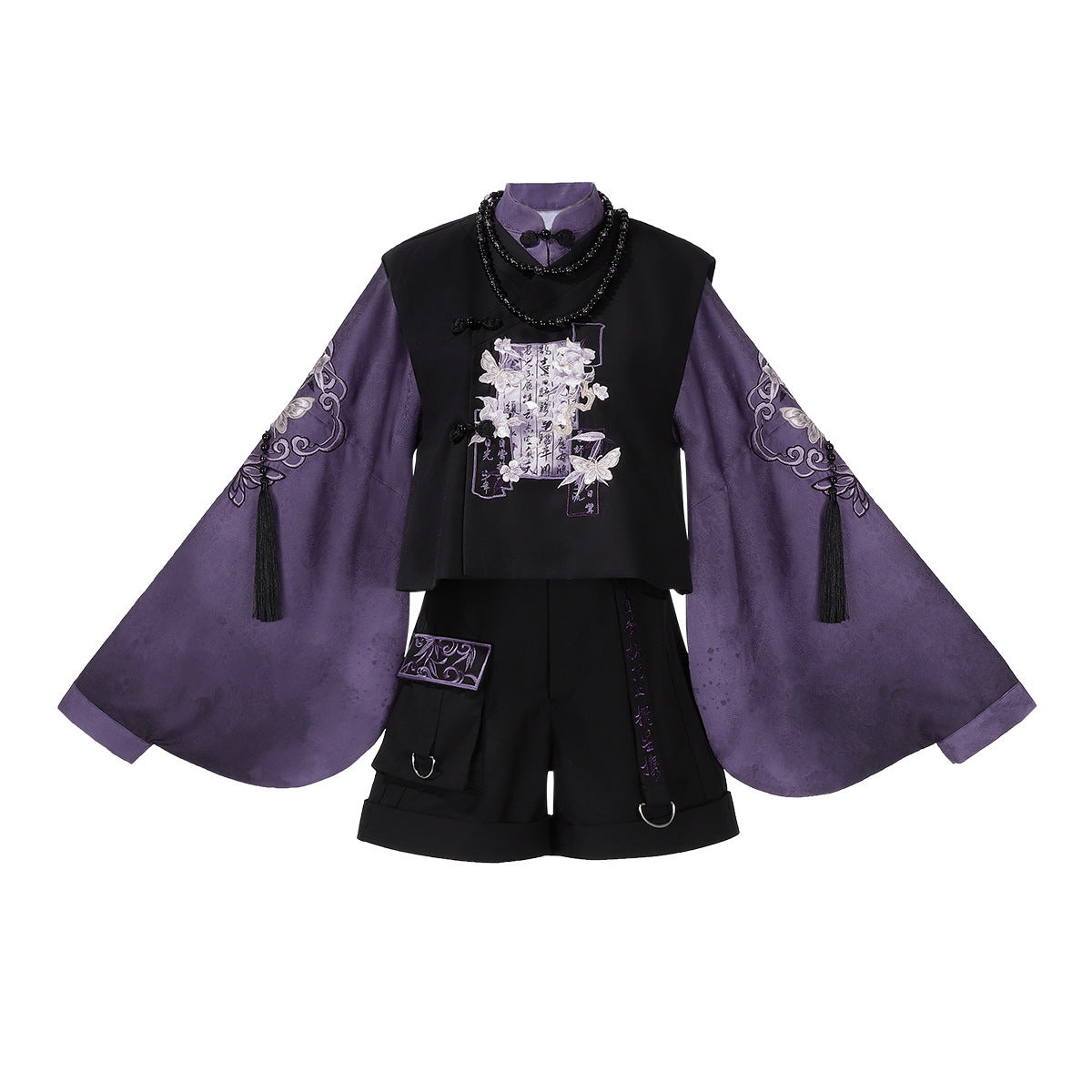 Purple Pipa Sleeve Blouse with Black Vest & Cargo Shorts SE23890
