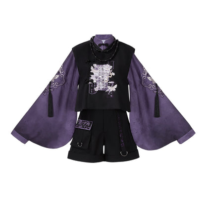 Purple Pipa Sleeve Blouse with Black Vest & Cargo Shorts SE23890