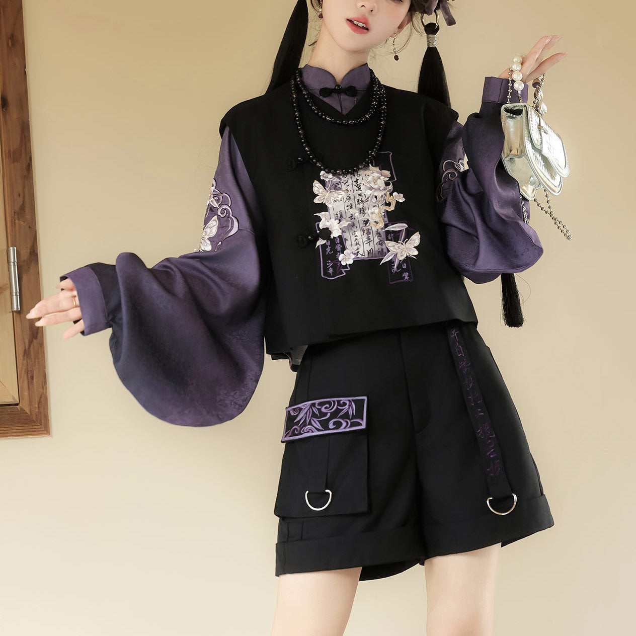 Purple Pipa Sleeve Blouse with Black Vest & Cargo Shorts SE23890