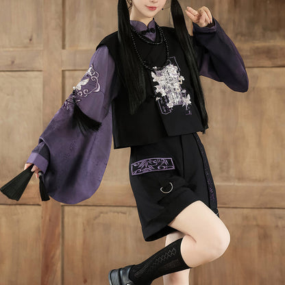 Purple Pipa Sleeve Blouse with Black Vest & Cargo Shorts SE23890