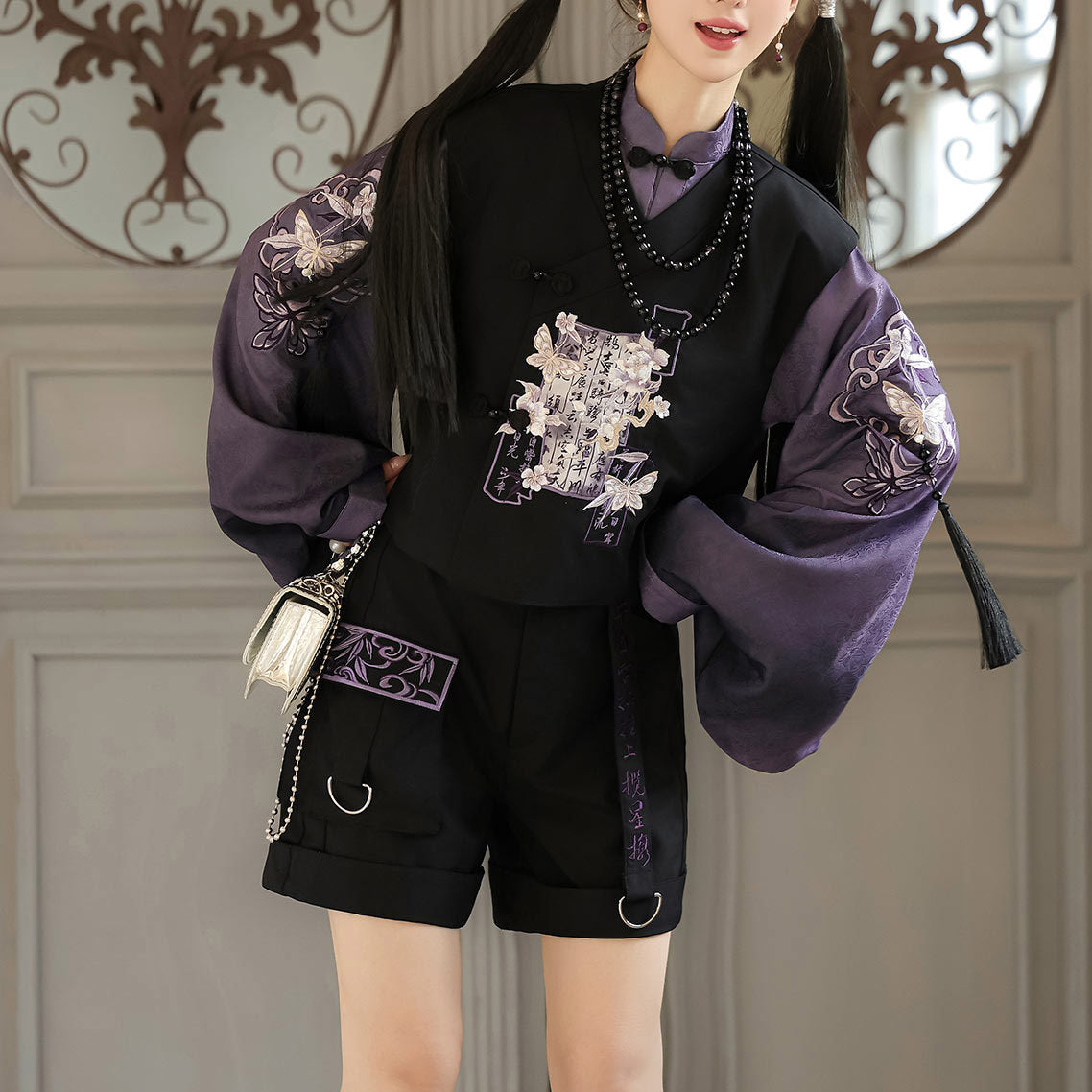 Purple Pipa Sleeve Blouse with Black Vest & Cargo Shorts SE23890