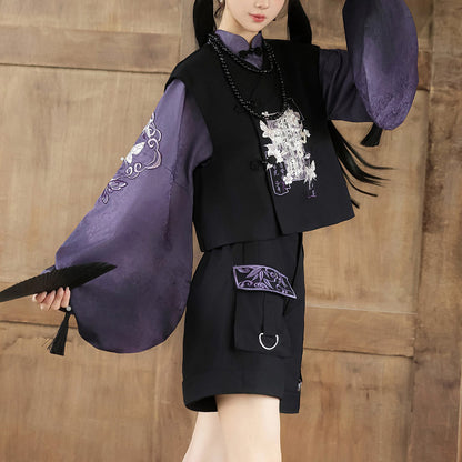 Purple Pipa Sleeve Blouse with Black Vest & Cargo Shorts SE23890