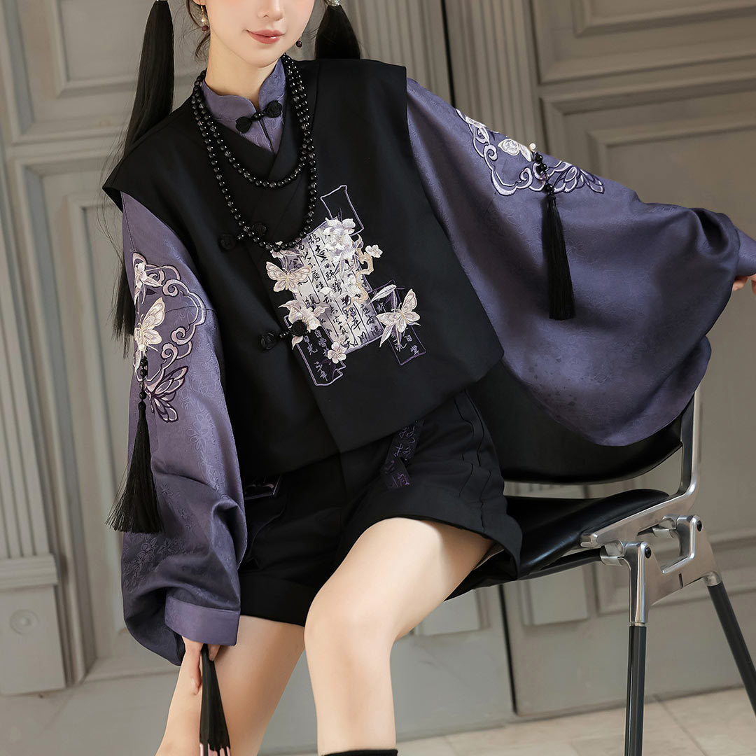 Purple Pipa Sleeve Blouse with Black Vest & Cargo Shorts SE23890