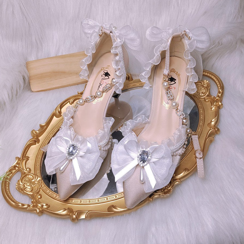 Red Lace Ribbon Heels with Pearls Bridal Shoes SE23560