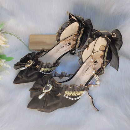 Red Lace Ribbon Heels with Pearls Bridal Shoes SE23560