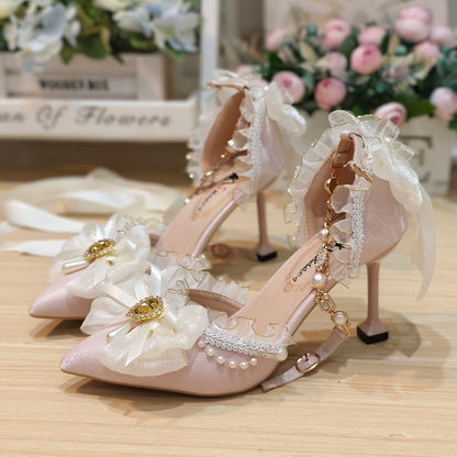 Red Lace Ribbon Heels with Pearls Bridal Shoes SE23560