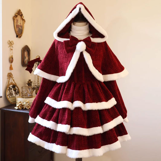 Red Plush Bow Dress Cape Set SE22995