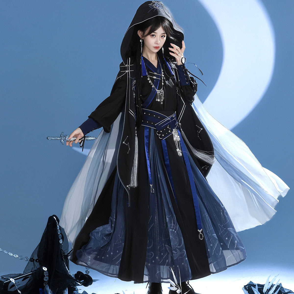 Starry Night Tassel Dress with Hooded Cape SE23842