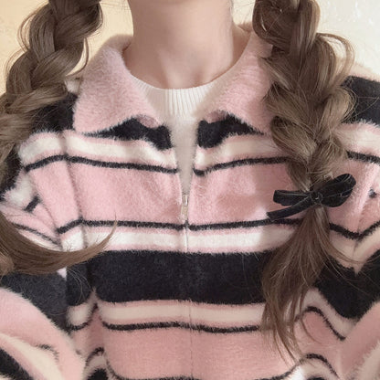 Striped Knitted Zipper Cardigan Sweater SE23746