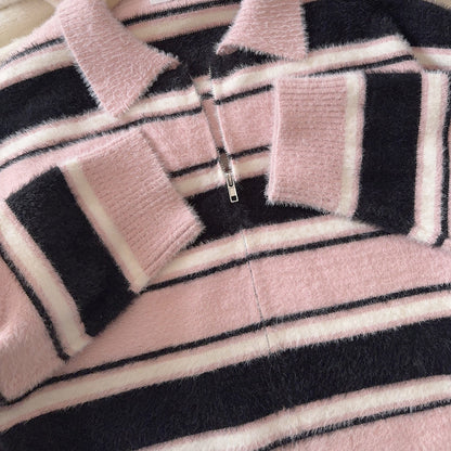 Striped Knitted Zipper Cardigan Sweater SE23746