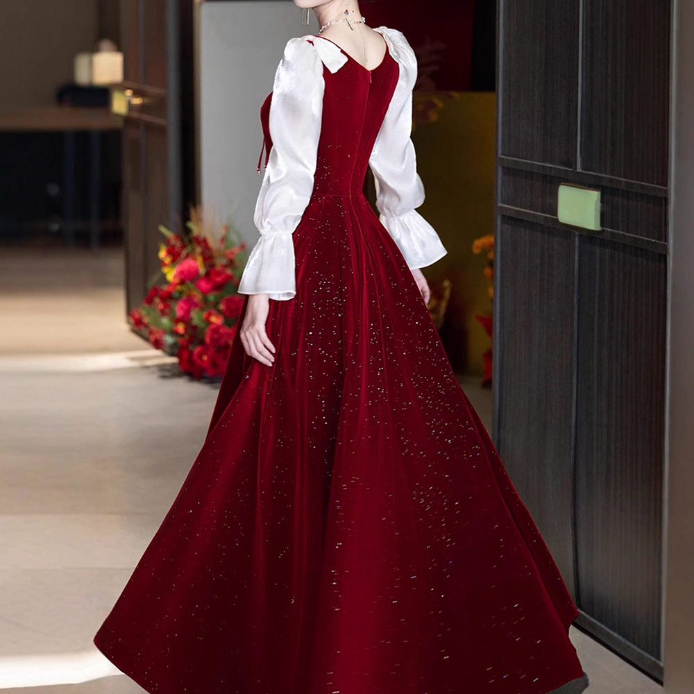 Vintage Elegant Wine Red Velvet Dress SE23859