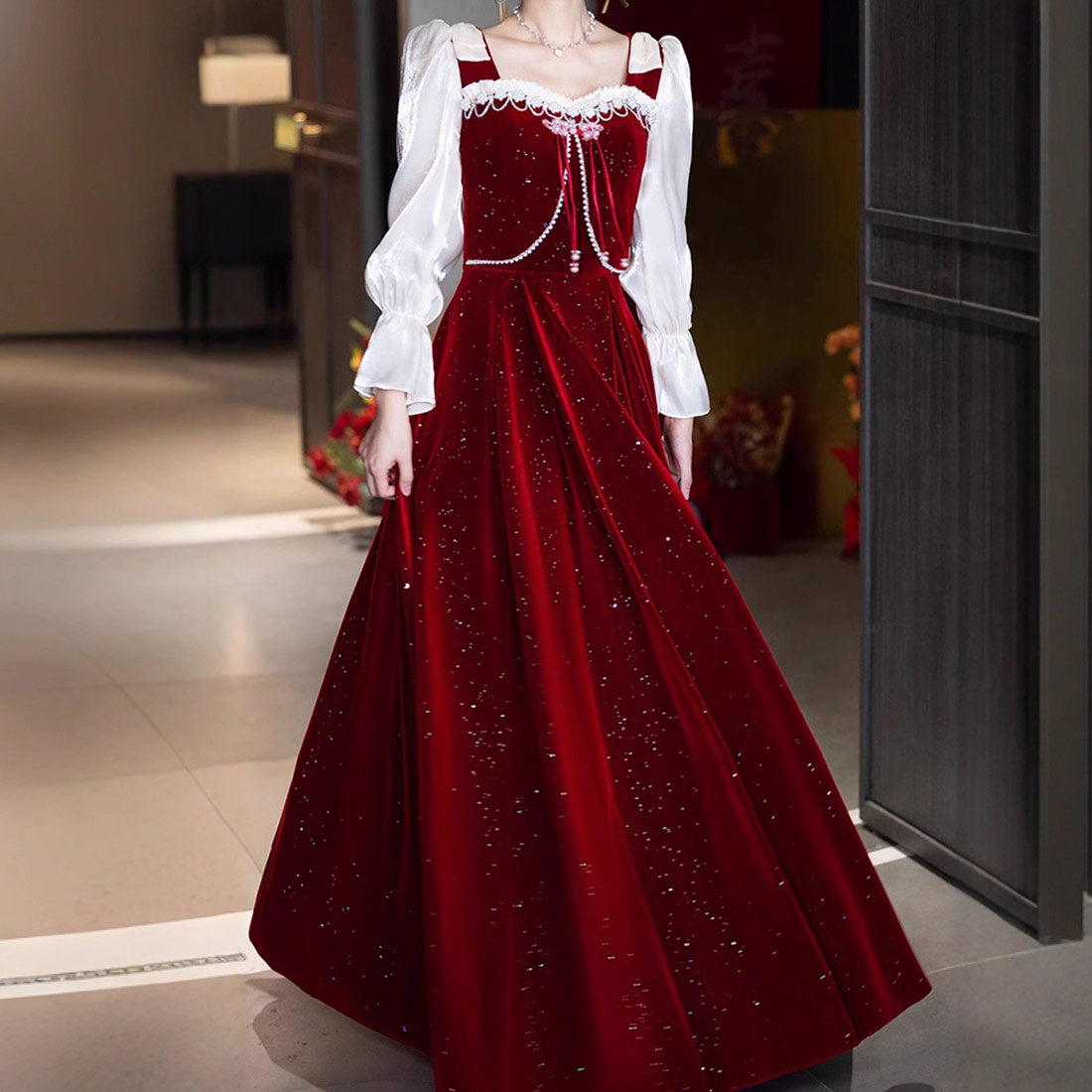 Vintage Elegant Wine Red Velvet Dress SE23859
