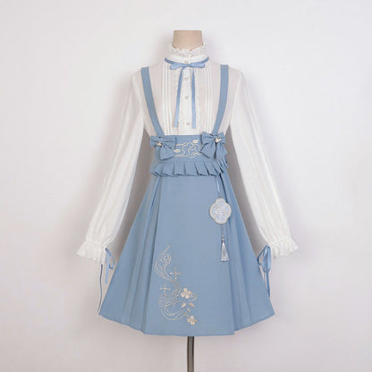 White Bow Shirt Blue Flower Skirt SE22721