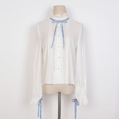 White Bow Shirt Blue Flower Skirt SE22721