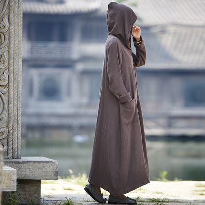 Women Hooded Cotton Dress Coat Casual Loose Robes Long Sleeves Cardigan Dress SE22792