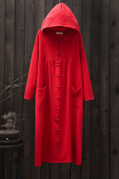 Women Hooded Cotton Dress Coat Casual Loose Robes Long Sleeves Cardigan Dress SE22792