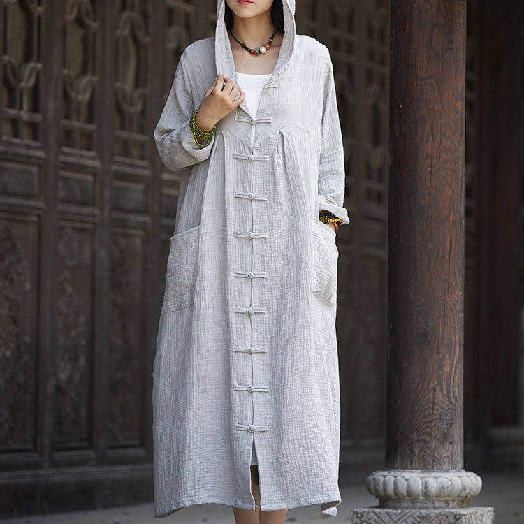 Women Hooded Cotton Dress Coat Casual Loose Robes Long Sleeves Cardigan Dress SE22792