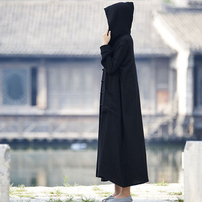 Women Hooded Cotton Dress Coat Casual Loose Robes Long Sleeves Cardigan Dress SE22792