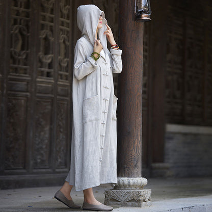 Women Hooded Cotton Dress Coat Casual Loose Robes Long Sleeves Cardigan Dress SE22792