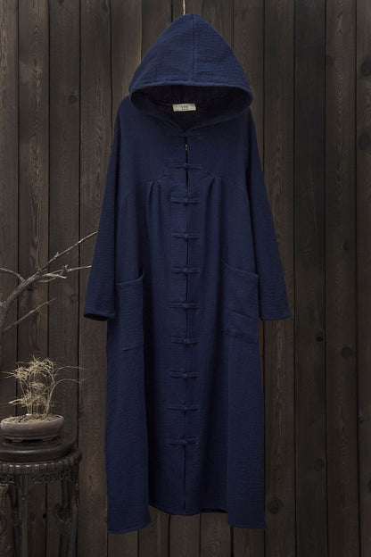 Women Hooded Cotton Dress Coat Casual Loose Robes Long Sleeves Cardigan Dress SE22792