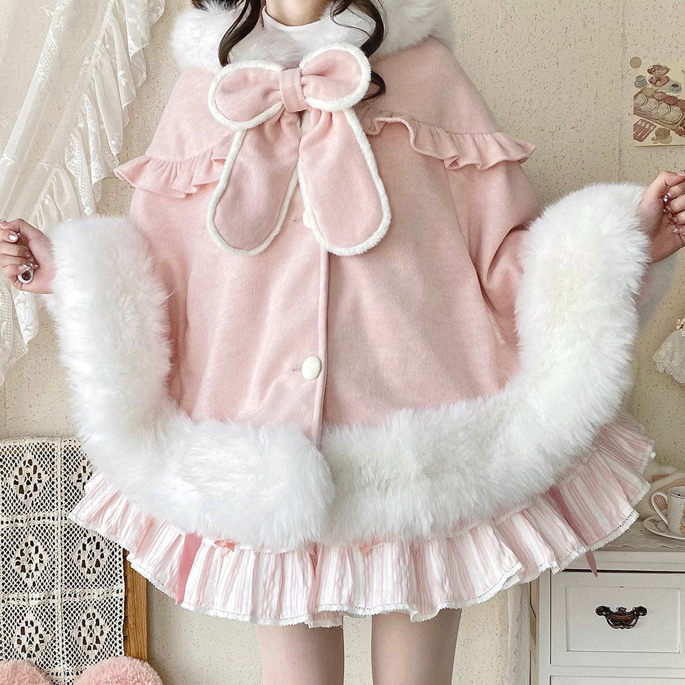 Woolen Rabbit Bow Cape Hoodie SE23701