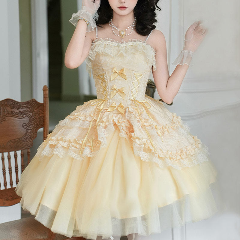 Yellow Bow Mesh Dress Set SE23563
