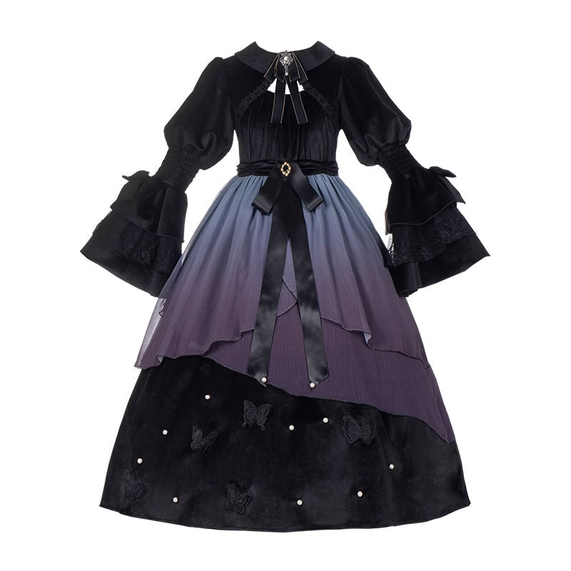 Gradient Embroidered Butterfly Velvet Black Dress SE22783