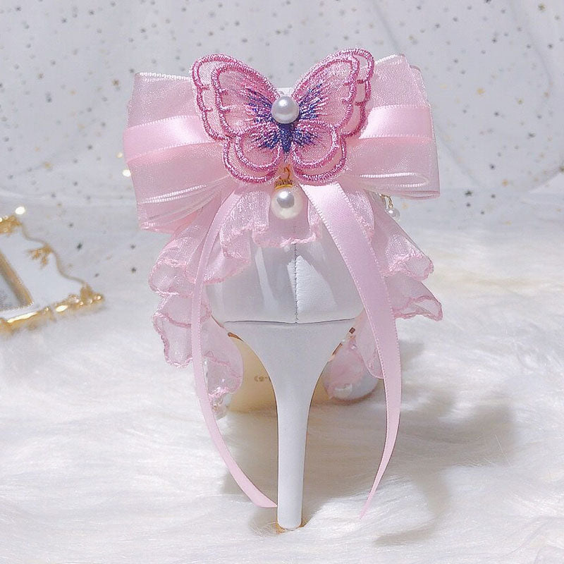 Pink Butterfly Lace Bow Heels Shoes SE23067