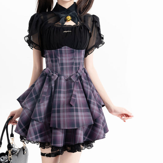 Lace Bow Purple Plaid Dress Set SE22787