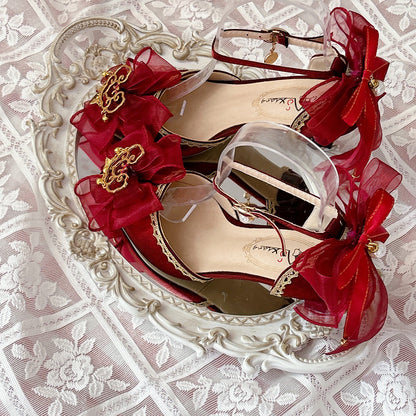 Red Lolita Wedding Heels with Gold Tassel Bow SE23963