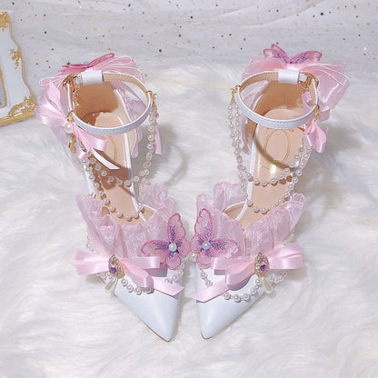 Pink Butterfly Lace Bow Heels Shoes SE23067