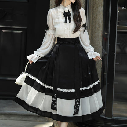 Floral White Shirt Black Bow Skirt Set SE22779