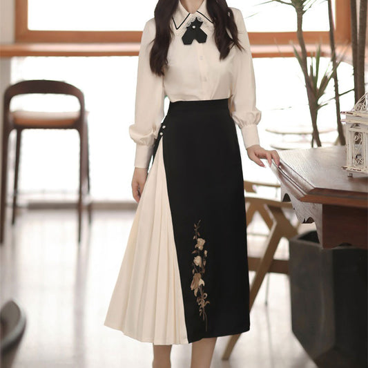 Lace Bow Blouse Floral Skirt Set SE22748