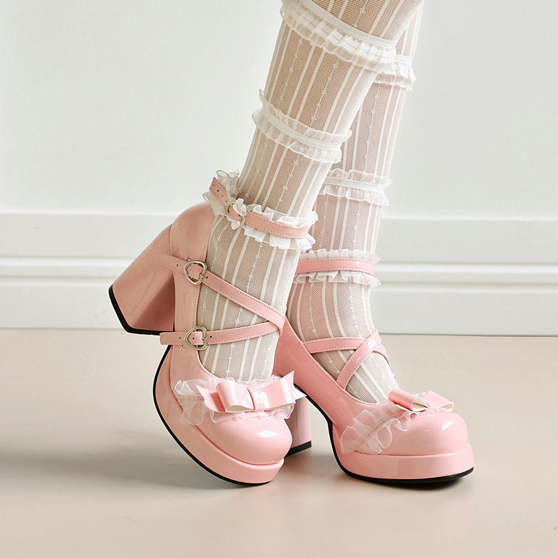 Mary Jane Platform Chunky Heel Pumps with Bow  SE23958