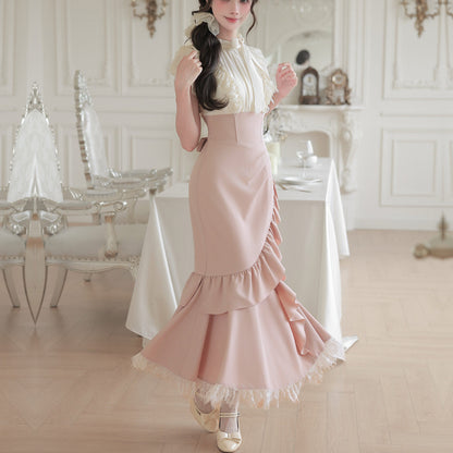 Color-Contrast Faux Two-Piece Fishbone Ruffle Waist Dress SE23988