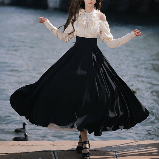 Long Sleeve Bow Black Dress SE23068